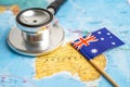 Bangkok, Thailand - June 1, 2021, Stethoscope on Australia world globe map background