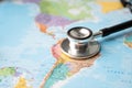 Stethoscope on South America world globe map background