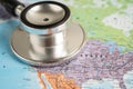 Bangkok, Thailand June 1, 2022, Stethoscope on United America world globe map background