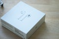 Bangkok, Thailand - June 9, 2020: A studio product shot of white packaging box of the Apple AirPods Royalty Free Stock Photo