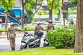 Bangkok, Thailand - 17 June 2018: Three Thailand traffic police / cop on duty at the road near the junction, Bangkok Thailand Royalty Free Stock Photo