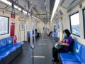 BANGKOK/THAILAND-Mar 29, 2020: Measure against COVID-19.Social distancing inside a MRT subway train. Yellow cross symbol on a seat