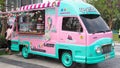 Bangkok, Thailand - March 24, 2018 : beautiful vintage sweet pastel color food truck selling homemade yogurt and ice cream