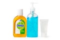 BANGKOK, THAILAND-16 MARCH 2020 : A bottle of Dettol antiseptic liquid and blue alcohol sanitizer gel