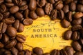 Bangkok, Thailand March 14, 2023 Coffee bean on South America map, import export trade online commerce concept