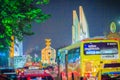 Bangkok, Thailand - March 2, 2017: The democracy monument at night with colorful light and traffic jam. Royalty Free Stock Photo