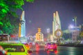 Bangkok, Thailand - March 2, 2017: The democracy monument at night with colorful light and traffic jam. Royalty Free Stock Photo