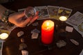 Bangkok,Thailand,March.15.20. A fortune teller holds a magic ball.On the table are fortune-telling cards and lighted candle.Magic