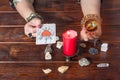 Bangkok, Thailand, March.15.20.A fortune teller holds a magic ball and a Tarot card with a heart.The Gypsy lays out Tarot cards