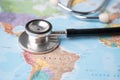 Bangkok, Thailand - March 1, 2022, Stethoscope on Brazil world map