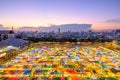 Train market , the famous second hand night market with a colorful tents at dusk, Bangkok Thailand Royalty Free Stock Photo