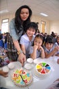 Primary school students organize birthday parties in the school canteen.