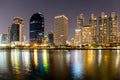 Bangkok, Thailand- May 1, 2017. Benjakitti public park in Bangkok city in the twilight with skyscrapers and lights reflecting in Royalty Free Stock Photo