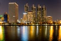 Bangkok, Thailand- May 1, 2017. Benjakitti public park in Bangkok city in the twilight with skyscrapers and lights reflecting in Royalty Free Stock Photo