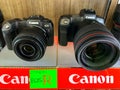 Bangkok, Thailand, May 10, 2019. Canon EOS R camera Full frame mirrorless with lens in the camera store at MBK Center