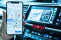 Google map on Apple CarPlay app on iPhone X smart mobile application connected to Honda car for online gps road travel map