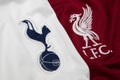 BANGKOK, THAILAND - MAY 11: The Logo of Tottenham Hotspur and  Liverpool on Football Jerseys on May 11,2019. They will Face Each Royalty Free Stock Photo