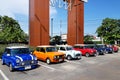 May 21, 2018: Many colorful mini Austin cooper parking on the street for showing old car festival Royalty Free Stock Photo