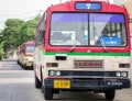 BANGKOK, THAILAND - MAY 16: Non-air conditioned Public diesel buses number 7 stand by for deployment on Petchkasem 69 in Bangkok