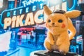 Bangkok, Thailand - May 2, 2019: Pikachu doll display by Pokemon Detective Pikachu animation movie backdrop in movie theatre