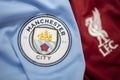 BANGKOK, THAILAND - MAY 11: Selective Focus on The Logo of Manchester City and Blured Liverpool on Football Jerseys on May 11,