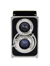 Vintage twin lens reflex photo camera. Old two lens medium format film camera, isolated on white background with clipping path Royalty Free Stock Photo