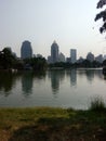 Bangkok/ Thailand - 12.02.2017. Modern city view ftom the park with a lake