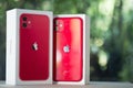 Bangkok, Thailand - Nov 26, 2019: Apple iPhone 11 PRODUCT RED. Latest apple mobile phones model