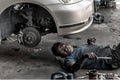 A mechanic is repairing front suspension of the car at the repair service garage. Selective focus