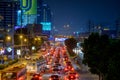 Traffic jam moves slowly along a busy road in city center in Bangkok. Annually an estimated 150,000 new cars join the heavily Royalty Free Stock Photo