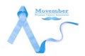 Blue color ribbon design with Movember text and mustache on white background for raising awareness on men`s health and prostate