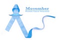 Blue color ribbon design with Movember text and mustache on white background for raising awareness on men`s health and prostate