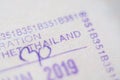 Bangkok, Thailand - November 2019: close up of Thai country entrance stamp in passport