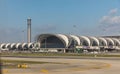 BANGKOK THAILAND - NOVEMBER 2019 : Suvarnabhumi Airport view, Airplane parking at passenger gate. Thailand