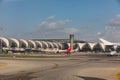 BANGKOK THAILAND - NOVEMBER 2019 : Suvarnabhumi Airport view, Airplane parking at passenger gate. Thailand