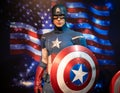 Bangkok, Thailand - November 29 2019: A wax statue of Captain America portrayed by Hollywood Actor Chris Evans at wax museum of