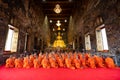 Bangkok, Thailand - Oct 5, 2017: Buddhist monks Religious Ceremony praying in front of the Buddha image in the temple at Wat Royalty Free Stock Photo