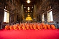 Bangkok, Thailand - Oct 5, 2017: Buddhist monks Religious Ceremony praying in front of the Buddha image in the temple at Wat Royalty Free Stock Photo