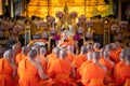 Bangkok, Thailand - Oct 5, 2017: Buddhist monks Religious Ceremony praying in front of the Buddha image in the temple at Wat Royalty Free Stock Photo
