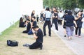 Bangkok, Thailand -OCT 23 2016: A crowd of mourners at Sanam Luang, while the body of Thailand Bhumibol Adulyadej is taken from th Royalty Free Stock Photo