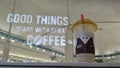BANGKOK, THAILAND - Oct. 14, 2020: Mister donut coffee in Fashion Island mall with reflect of text light `Good things start with g