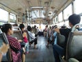 BANGKOK, THAILAND - Oct,25 2019: Perspective inside the open-air public bus No.136, the bus transportation route in Bangkok.