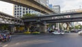 Street traffic at Intersection of Silom Road and Rama IV Road with Thai-Japanese Friendship Bridge in Bangkok, Thailand