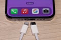 BANGKOK,THAILAND-OCTOBER 28:Apple Iphone with Both Usb-c and Lightning Cable Charger. EU Forced Apple Iphone to Use Usb-c Royalty Free Stock Photo