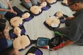 BANGKOK, THAILAND - OCTOBER 6, 2019 : a part of trainee , participant of CPR First Aid Training course using hand pump on dummy