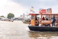 Bangkok, Thailand - October 3, 2018: Passenger boats crossing the Chao Phraya River with historic culture scene. Bangkok, Thailand