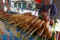 Bangkok, Thailand, October 30, 2018: Street food sell, pork sausages, typical Thai food