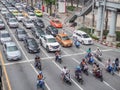 BANGKOK, THAILAND - October 6, 2018: Traffic nears gridlock on a busy road in the city center. City traffic