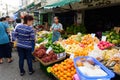 Bangkok, Thailand - October 22, 2020 : Unidentified woman sales fruit at street market on Silom 20 alley