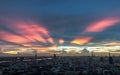 Fantastic colorful sunset sky over the bangkok city skyscrapers with bright glowing lights at dusk Royalty Free Stock Photo